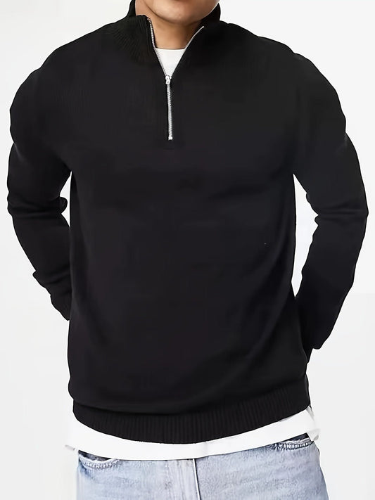 Hanorac bărbătesc cu fermoar la jumătate, guler înalt, mâneci lungi și margini tricotate cu nervuri – pulover confortabil pentru zilele reci, purtare zilnică și ținute relaxate în straturi