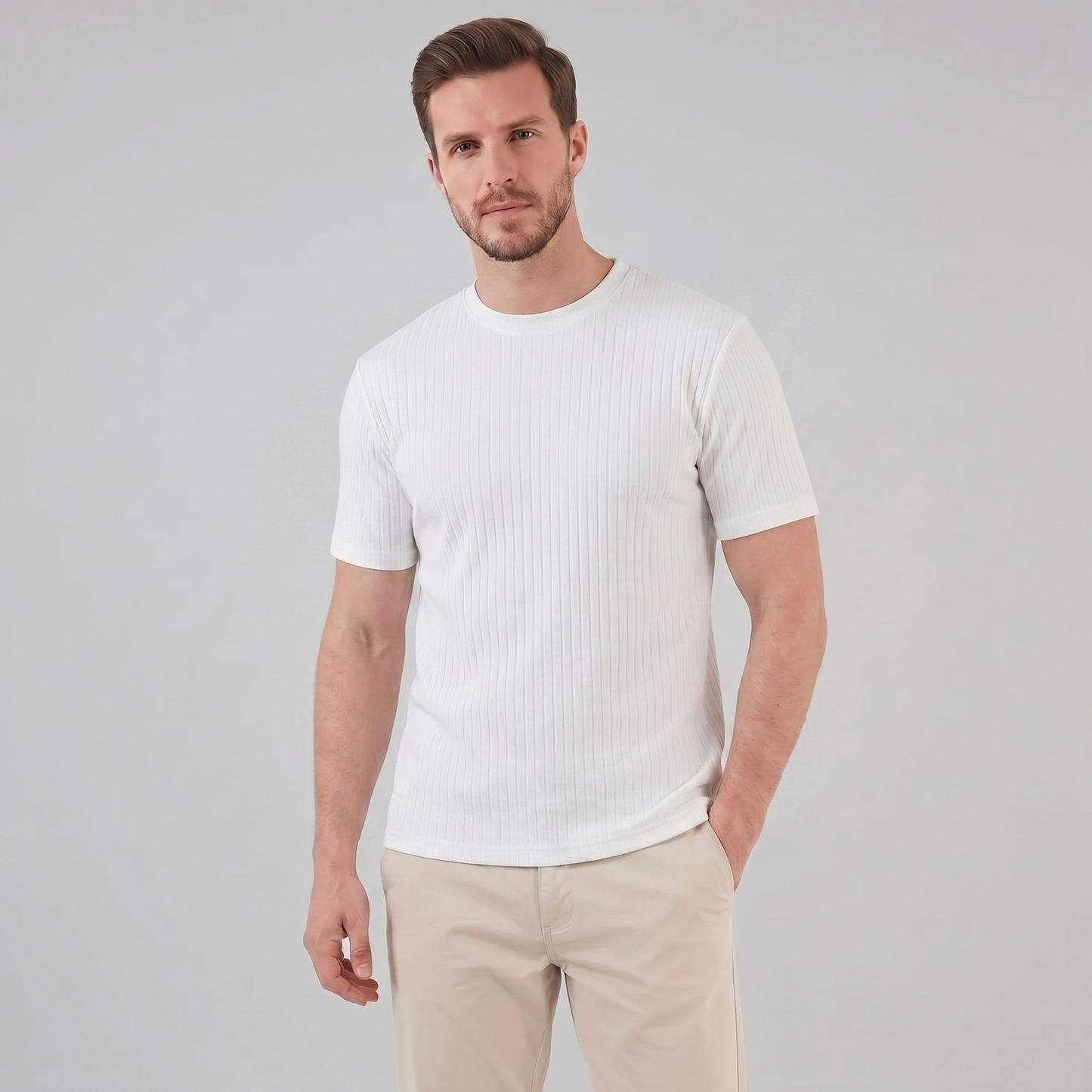 Herre Ribbet T-shirt Med Rund Hals Og Smal Pasform