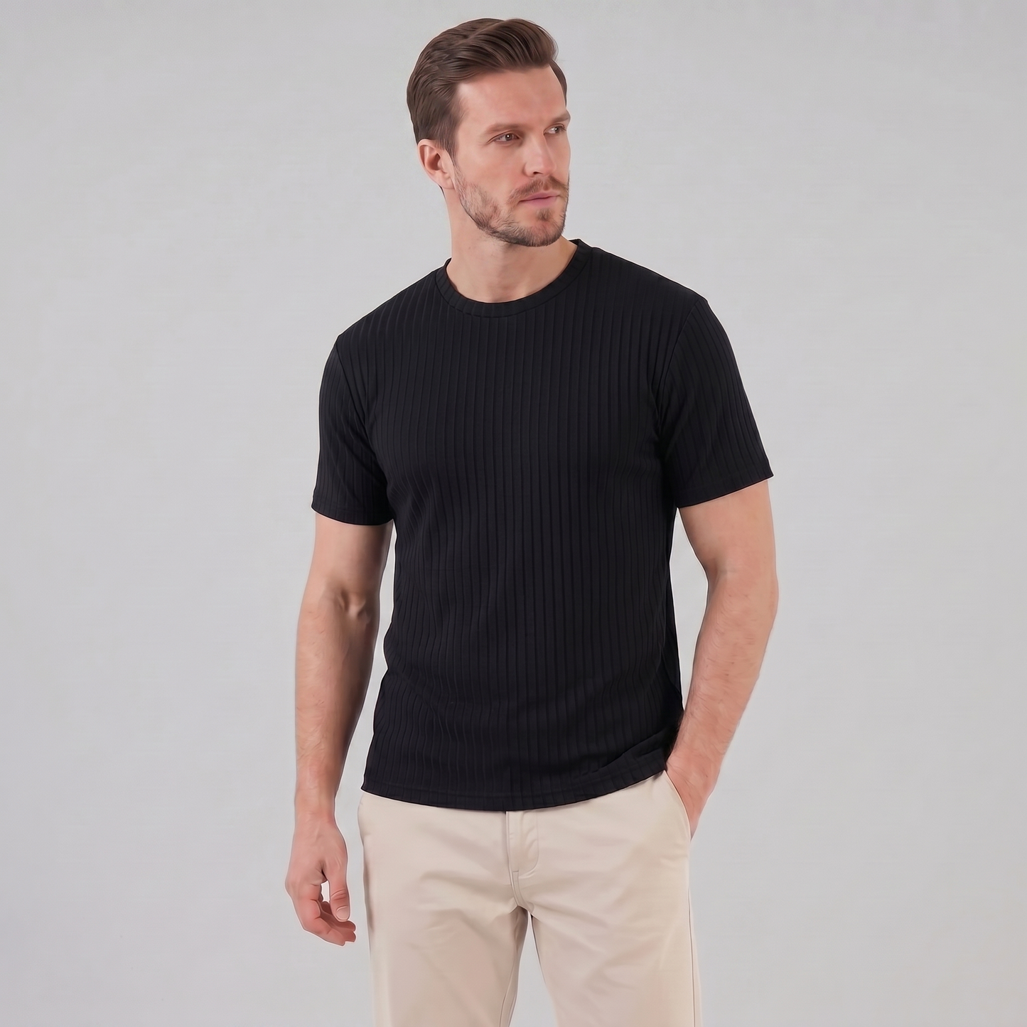 Herre Ribbet T-shirt Med Rund Hals Og Smal Pasform