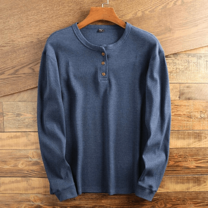Herre Henley Bluse i Vaffelstrik med Lange Ærmer