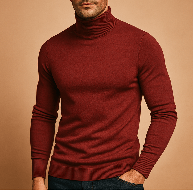Męski dopasowany sweter z dzianiny z długim rękawem i golfem – elegancki pulower do biura, w stylu smart casual, na jesień, zimę i na co dzień, do ubierania warstwowego