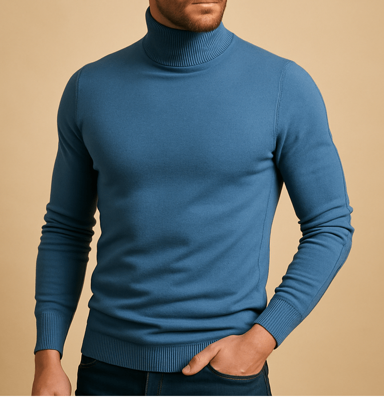Męski dopasowany sweter z dzianiny z długim rękawem i golfem – elegancki pulower do biura, w stylu smart casual, na jesień, zimę i na co dzień, do ubierania warstwowego