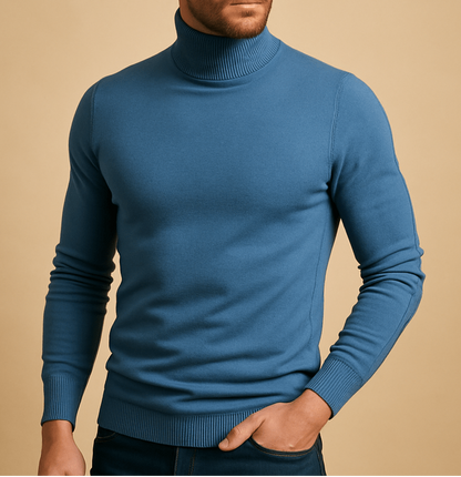 Męski dopasowany sweter z dzianiny z długim rękawem i golfem – elegancki pulower do biura, w stylu smart casual, na jesień, zimę i na co dzień, do ubierania warstwowego