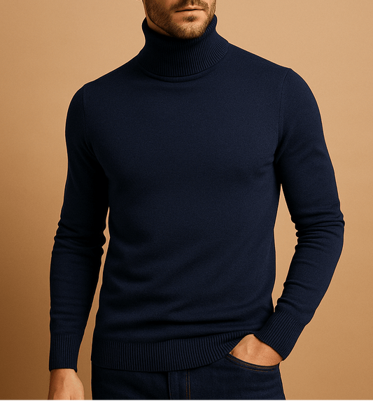 Męski dopasowany sweter z dzianiny z długim rękawem i golfem – elegancki pulower do biura, w stylu smart casual, na jesień, zimę i na co dzień, do ubierania warstwowego