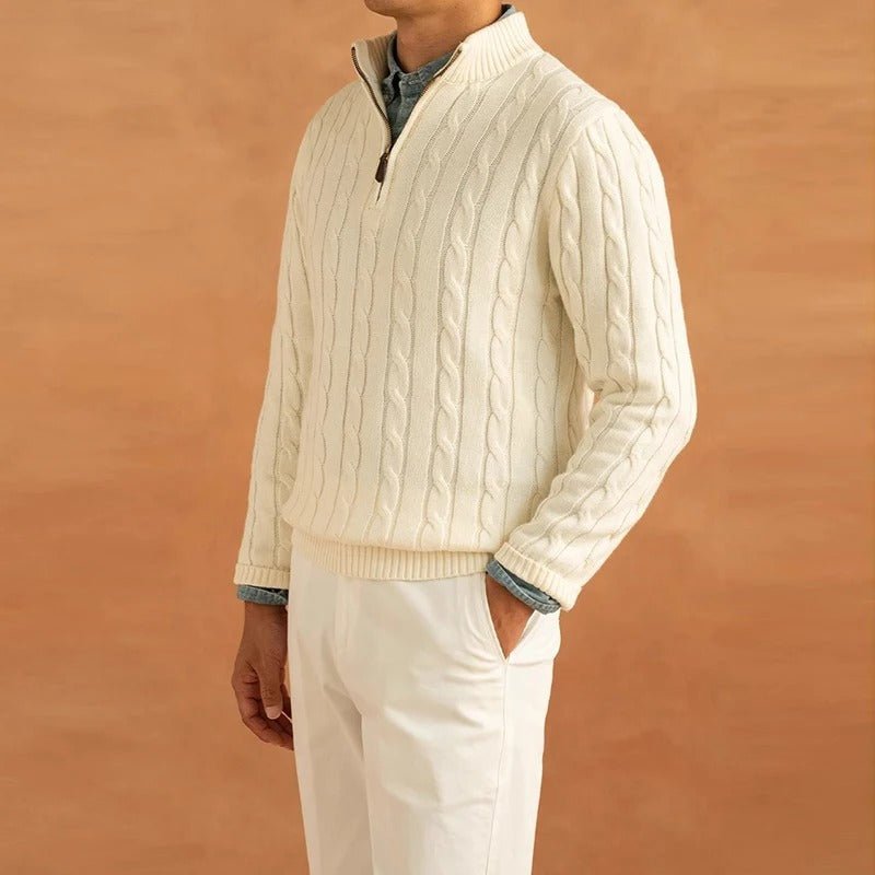 Herre Kabelstrikket Sweater Med Half-zip Og Ståkrave – Tekstureret Pullover Til Smart Casual-stil, Efterår, Vinter Og Lag-på-lag Hverdagsbrug