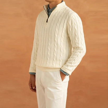Herre Kabelstrikket Sweater Med Half-zip Og Ståkrave – Tekstureret Pullover Til Smart Casual-stil, Efterår, Vinter Og Lag-på-lag Hverdagsbrug