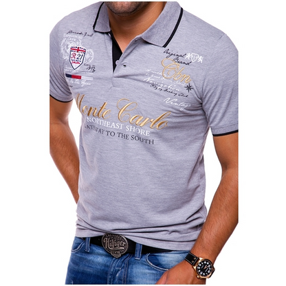 Cămașă polo bărbătească cu model, bordură contrastantă și mâneci scurte – tricou polo relaxat pentru vară, timp liber, purtare zilnică și stil smart-casual