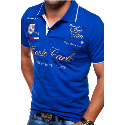 Cămașă polo bărbătească cu model, bordură contrastantă și mâneci scurte – tricou polo relaxat pentru vară, timp liber, purtare zilnică și stil smart-casual