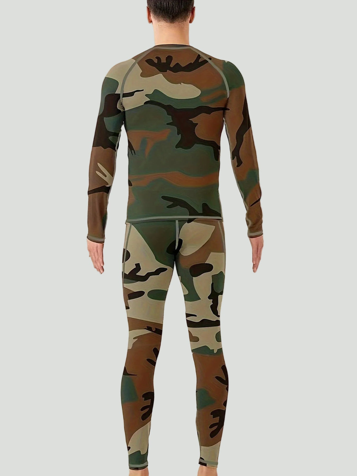Herre Termisk Undertøjssæt Med Fleecefoer Og Camouflageprint – Strækbart Sæt Med Overdel Og Leggings Til Udendørstræning Og Kolde Dage