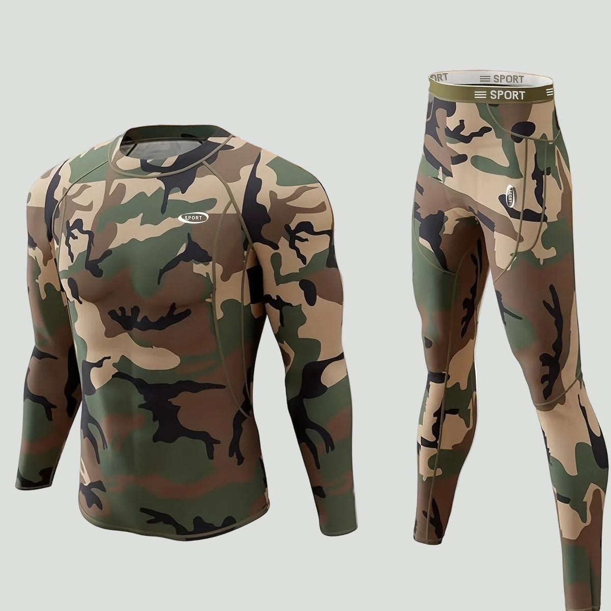 Herre Termisk Undertøjssæt Med Fleecefoer Og Camouflageprint – Strækbart Sæt Med Overdel Og Leggings Til Udendørstræning Og Kolde Dage