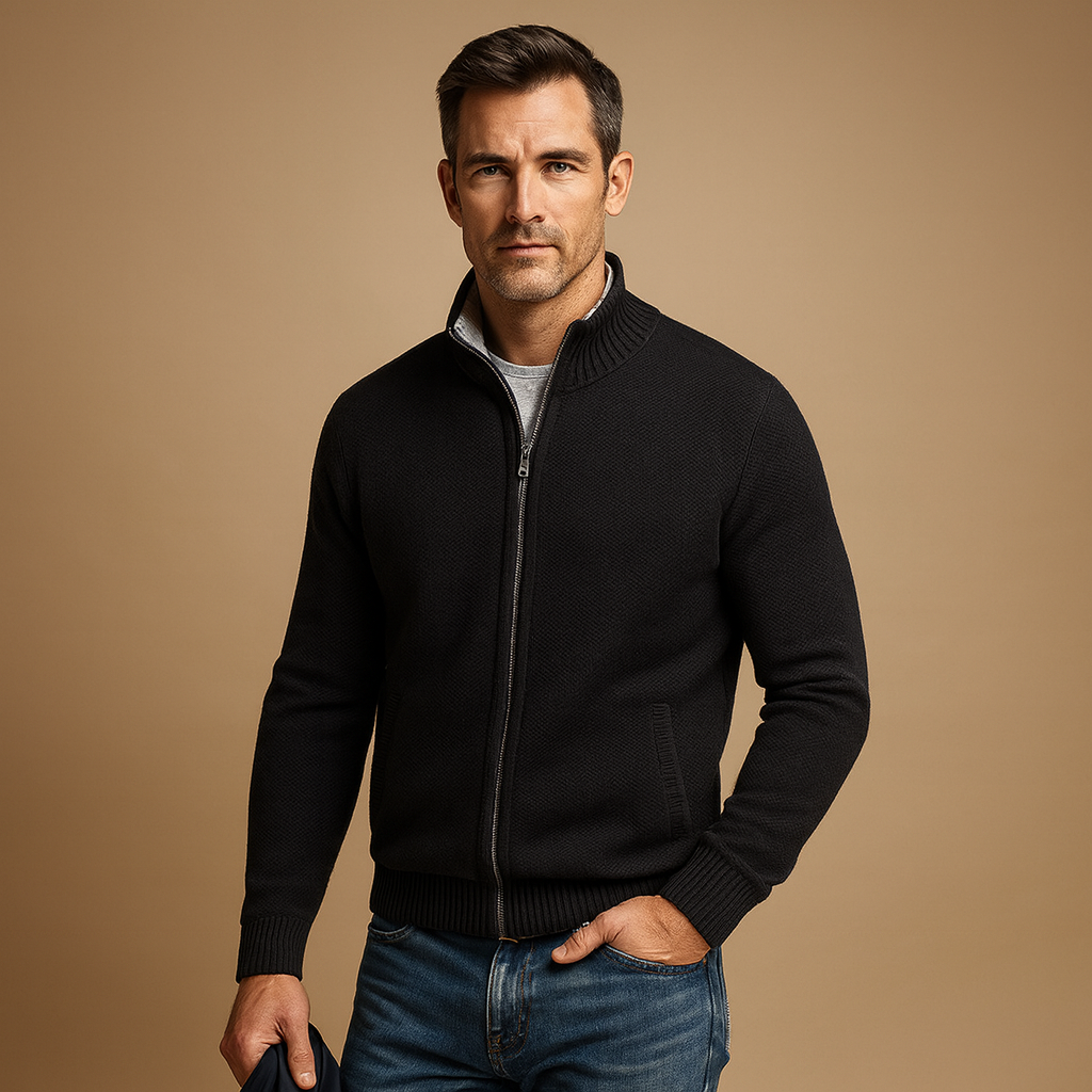 Cardigan bărbătesc tricotat, cu închidere cu fermoar – jachetă tricotată clasică pentru un stil smart casual, purtare zilnică, birou și timp liber