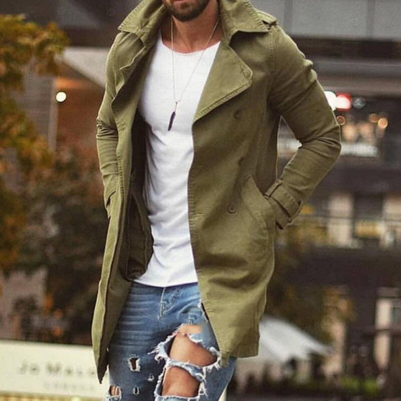 Herre Slim Fit Mellemlang Trenchcoat Med Brede Revers – Struktureret Frakke Til Hverdagsbrug, Kontor Og Smart Casual Stil