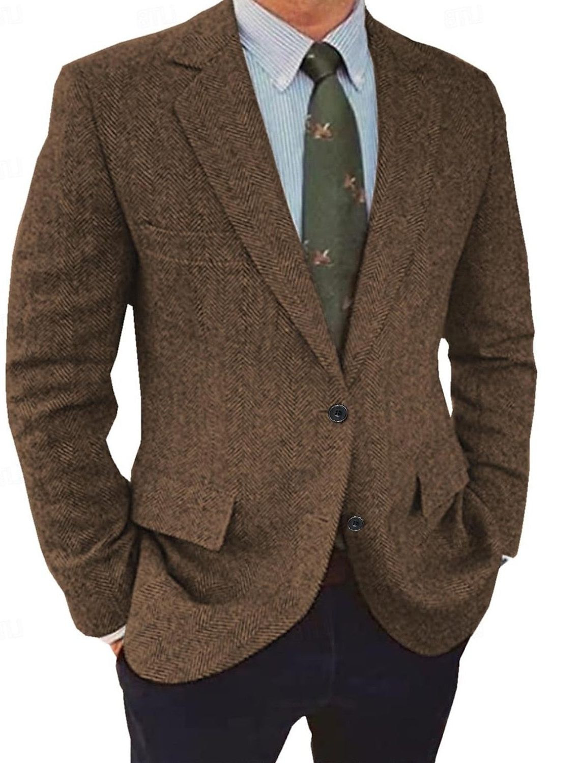 Męska marynarka w jodełkę o kroju regular fit, zapięciem na guziki i klasycznymi klapami - elegancka kurtka na formalne okazje, do pracy i w stylu smart casual