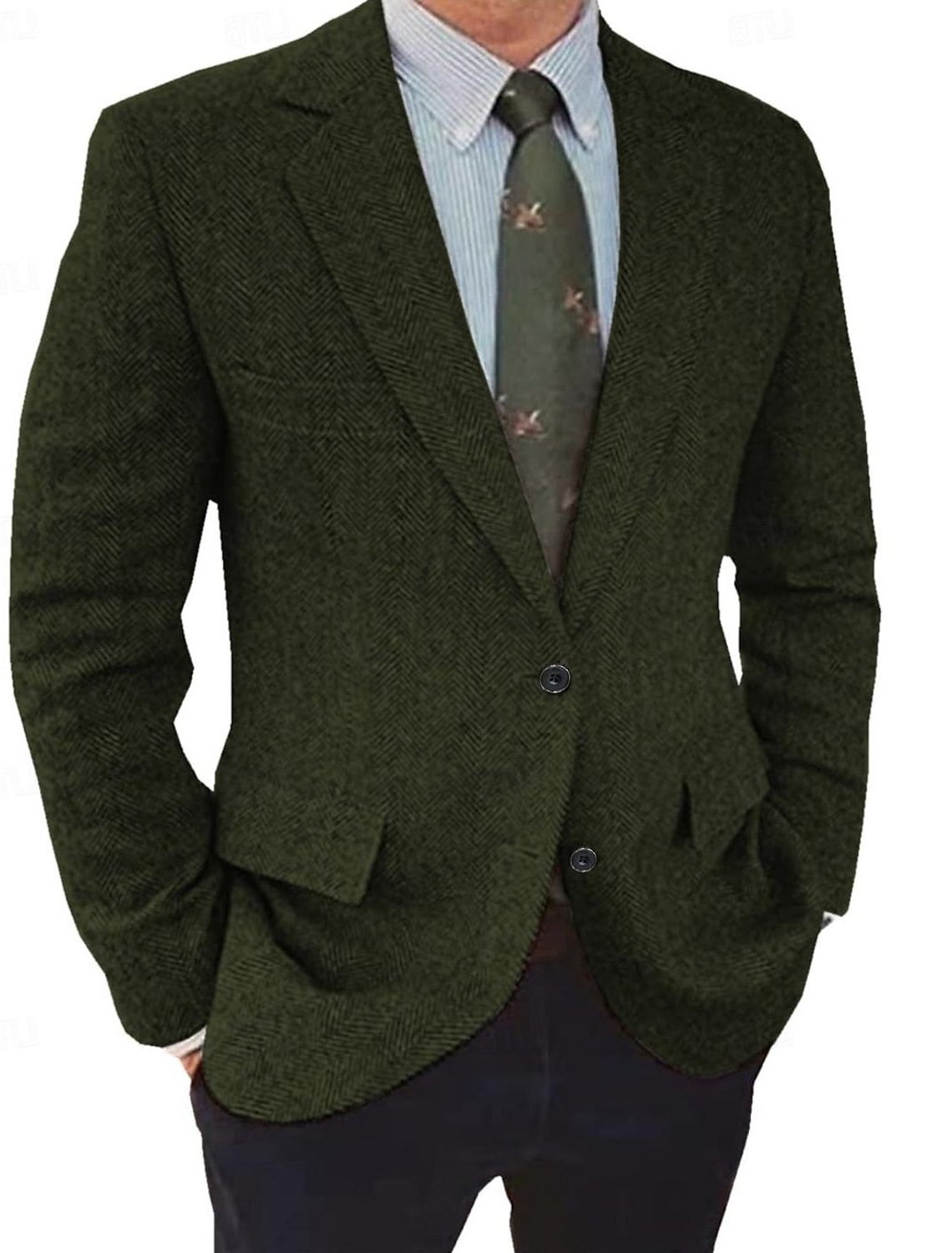 Męska marynarka w jodełkę o kroju regular fit, zapięciem na guziki i klasycznymi klapami - elegancka kurtka na formalne okazje, do pracy i w stylu smart casual