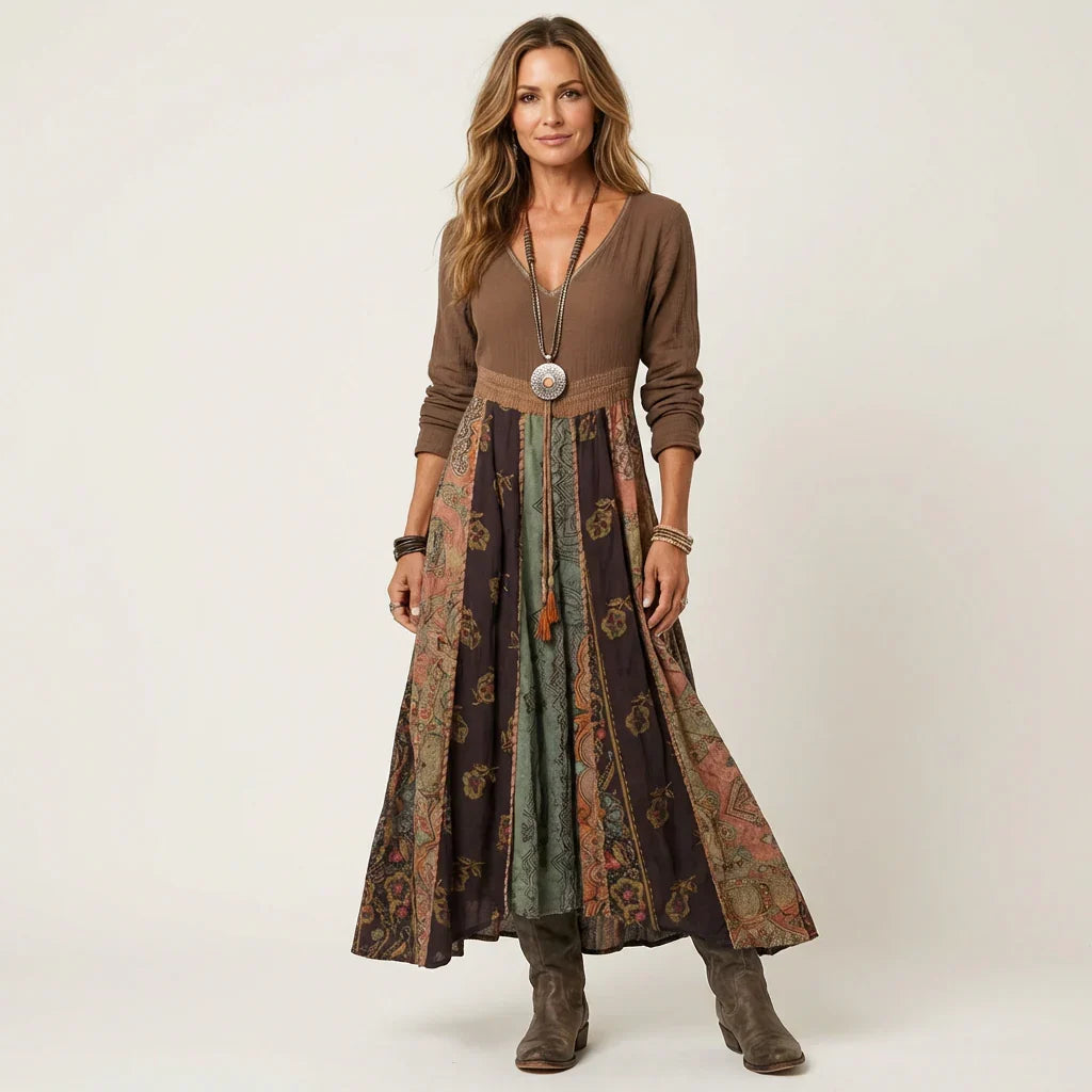 Women's Patterned Bohemian Maxi Dress with V-Neck – Elegant Long Dress for Summer, Vacation, Beach, and Casual Occasions
