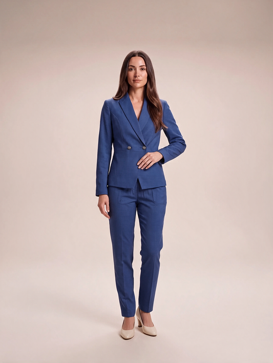 Costum croit pentru femei, cu sacou cambrat cu două rânduri de nasturi și pantaloni cu croială dreaptă – costum elegant pentru birou, serviciu și ținute de seară