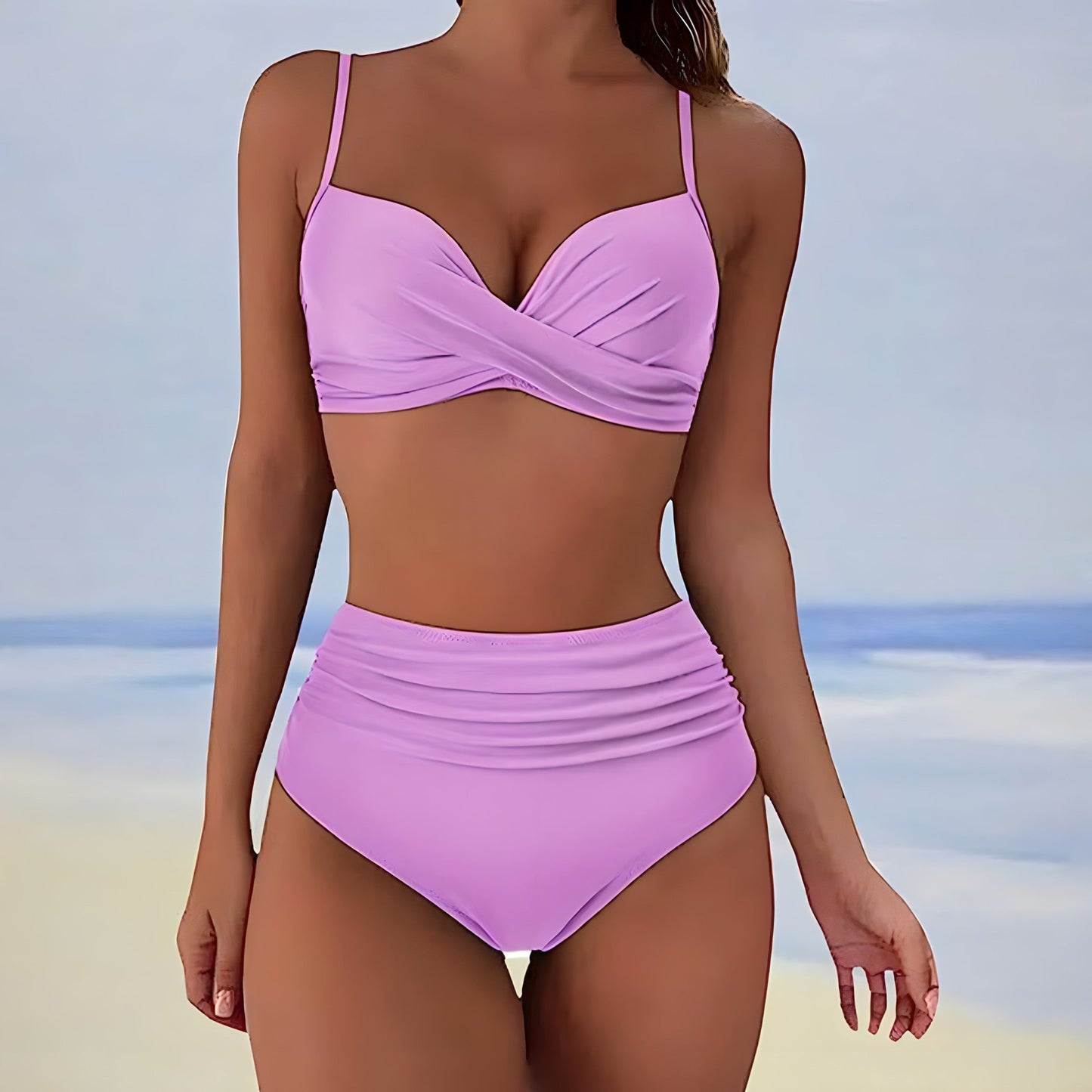 Dame Højtaljet Bikinisæt Med Snoet Front – Elegant 2-delt Badetøj Til Strand, Pool, Ferie Og Sommerens Afslappede Dage