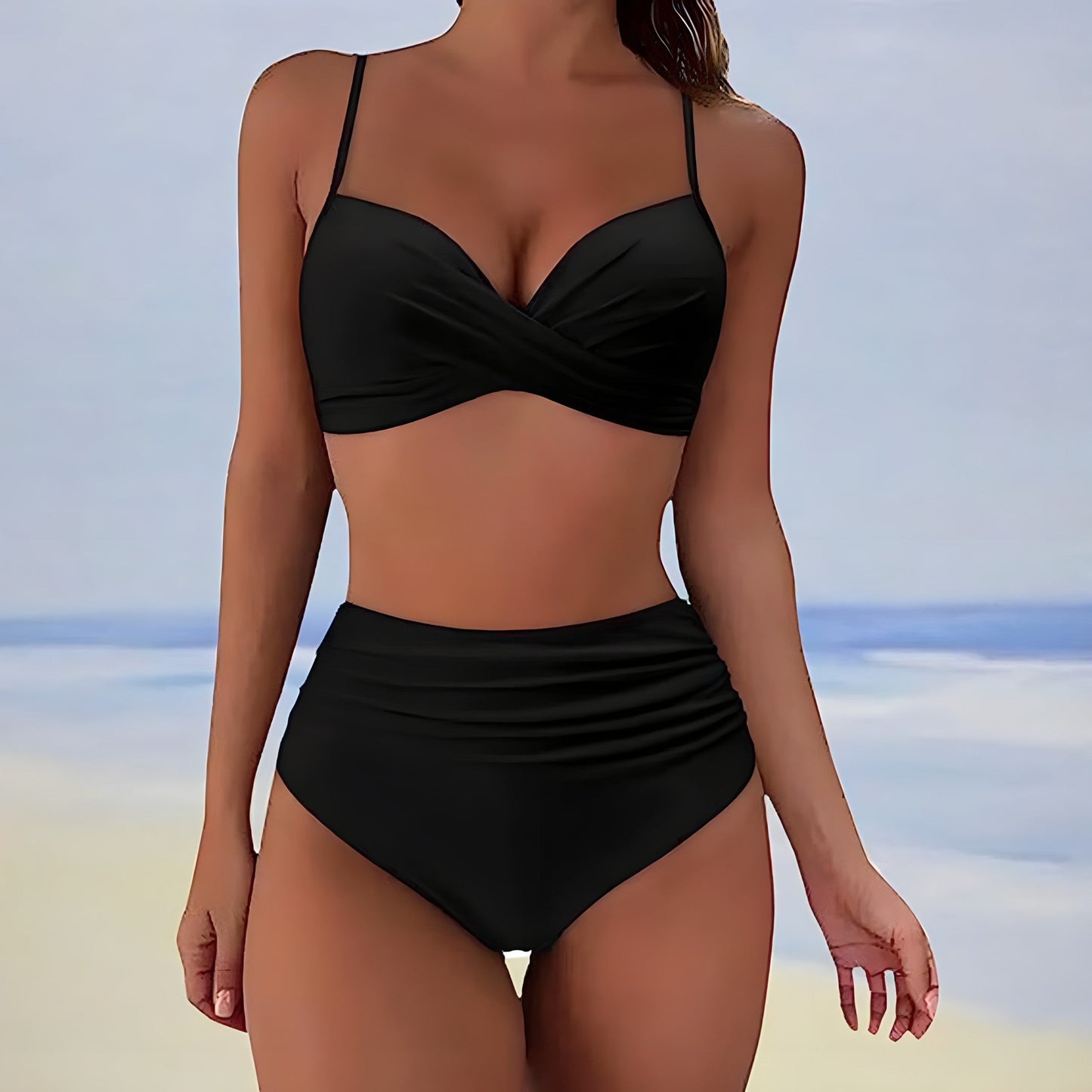 Dame Højtaljet Bikinisæt Med Snoet Front – Elegant 2-delt Badetøj Til Strand, Pool, Ferie Og Sommerens Afslappede Dage