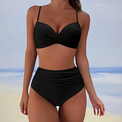 Dame Højtaljet Bikinisæt Med Snoet Front – Elegant 2-delt Badetøj Til Strand, Pool, Ferie Og Sommerens Afslappede Dage