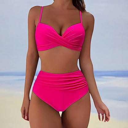 Dame Højtaljet Bikinisæt Med Snoet Front – Elegant 2-delt Badetøj Til Strand, Pool, Ferie Og Sommerens Afslappede Dage