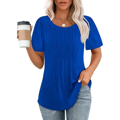 Tricou de damă plisat, cu guler rotund și mâneci scurte – top elegant pentru purtarea de zi cu zi, la birou, în timpul liber și pentru ținute casual