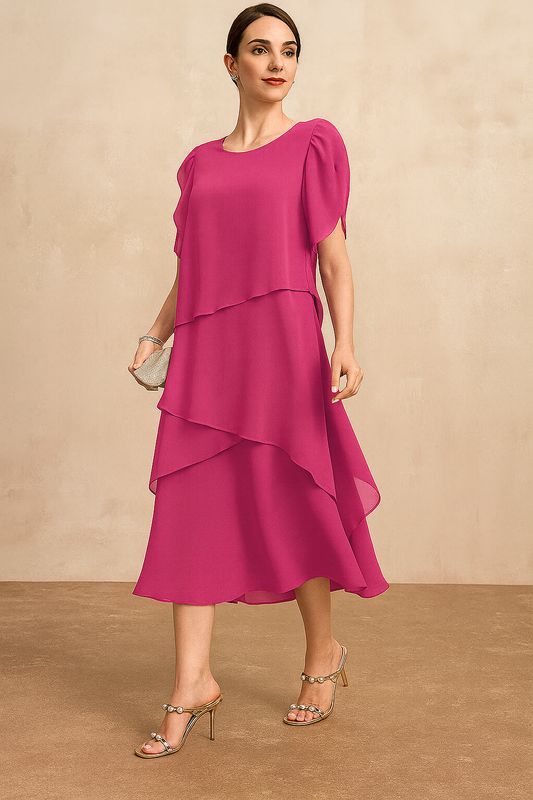 Women's Layered Chiffon Party Dress – Soft Midi Dress for Weddings and Summer Celebrations