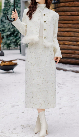Set din două piese pentru femei, cu jachetă croită și fustă în linie A – ținută elegantă cu închidere cu nasturi, pentru serviciu, stil smart casual și ocazii festive de iarnă