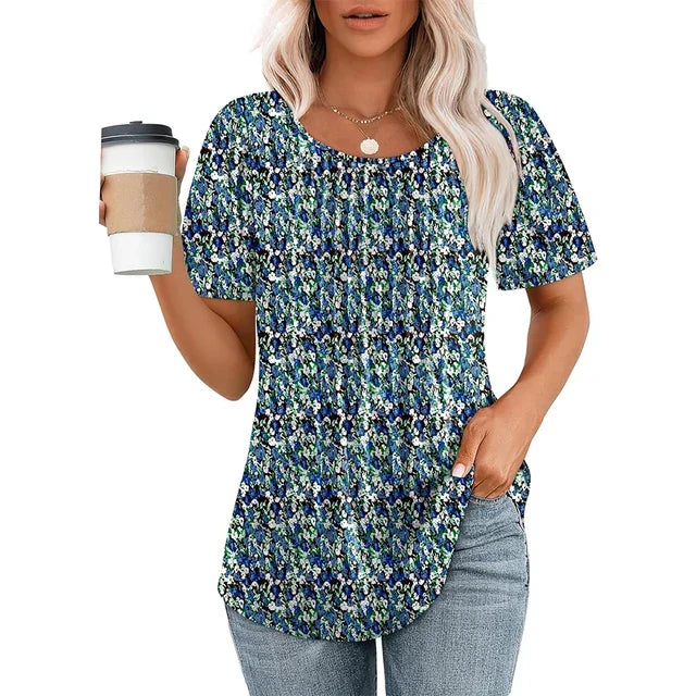 Tricou de damă plisat, cu guler rotund și mâneci scurte – top elegant pentru purtarea de zi cu zi, la birou, în timpul liber și pentru ținute casual