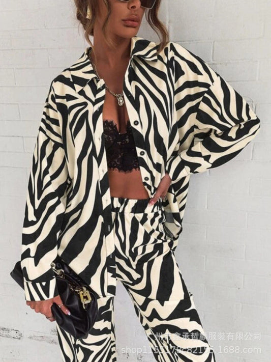 Women's Printed Shirt And Pants Set With Long-Sleeved Button Closure And Wide-Leg Pants – Stylish Set For Everyday Wear, Leisure And Modern Casual Style