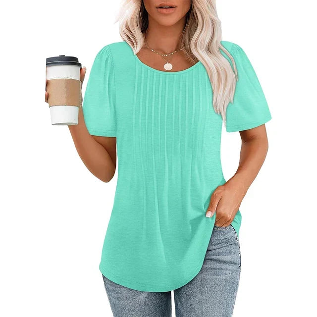 Tricou de damă plisat, cu guler rotund și mâneci scurte – top elegant pentru purtarea de zi cu zi, la birou, în timpul liber și pentru ținute casual