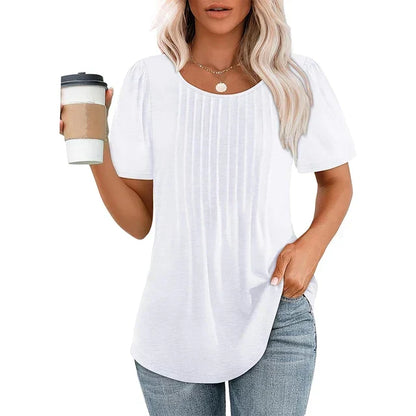 Tricou de damă plisat, cu guler rotund și mâneci scurte – top elegant pentru purtarea de zi cu zi, la birou, în timpul liber și pentru ținute casual