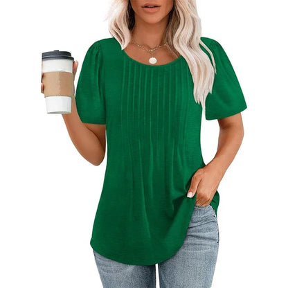Tricou de damă plisat, cu guler rotund și mâneci scurte – top elegant pentru purtarea de zi cu zi, la birou, în timpul liber și pentru ținute casual