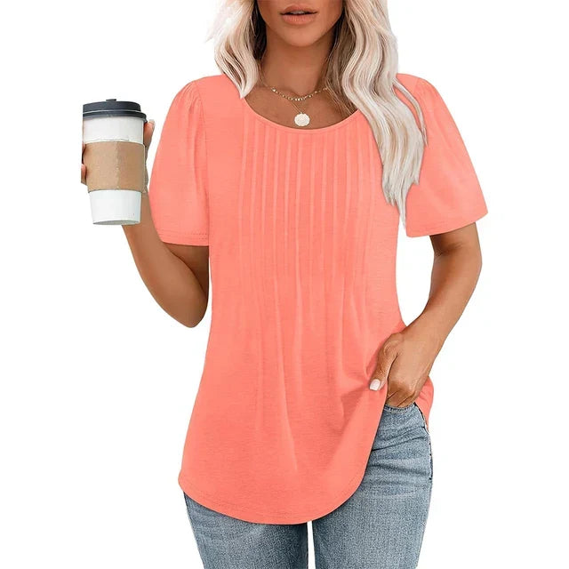 Tricou de damă plisat, cu guler rotund și mâneci scurte – top elegant pentru purtarea de zi cu zi, la birou, în timpul liber și pentru ținute casual