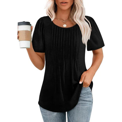 Tricou de damă plisat, cu guler rotund și mâneci scurte – top elegant pentru purtarea de zi cu zi, la birou, în timpul liber și pentru ținute casual