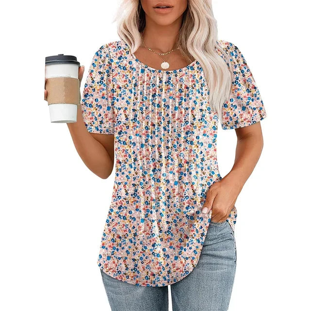 Tricou de damă plisat, cu guler rotund și mâneci scurte – top elegant pentru purtarea de zi cu zi, la birou, în timpul liber și pentru ținute casual