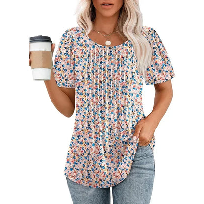 Tricou de damă plisat, cu guler rotund și mâneci scurte – top elegant pentru purtarea de zi cu zi, la birou, în timpul liber și pentru ținute casual