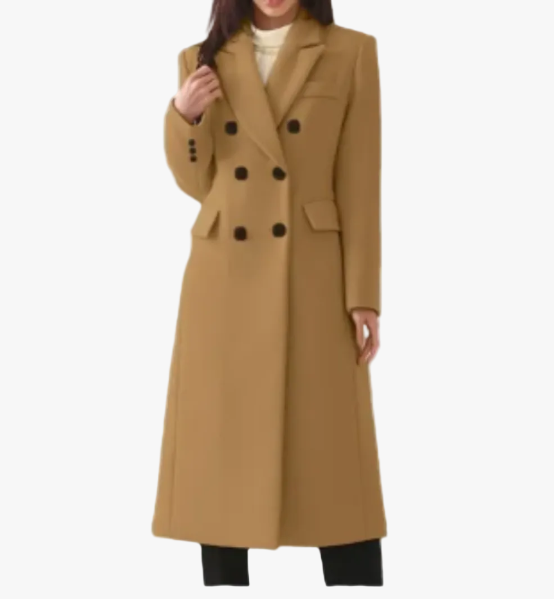 Women's Long Double-Breasted Coat with Tailored Cut – Elegant Midi Coat for the Office and Smart Casual Style