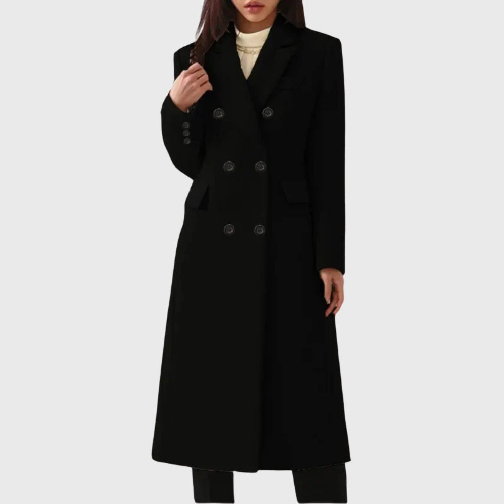 Women's Long Double-Breasted Coat with Tailored Cut – Elegant Midi Coat for the Office and Smart Casual Style
