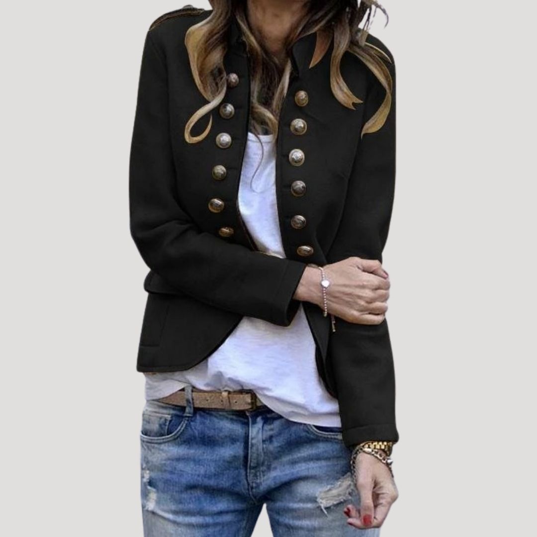 Dámská krátká vojenská bunda s dvouřadým zapínáním na knoflíky – strukturovaná bunda na podzim i pro elegantní styl smart casual