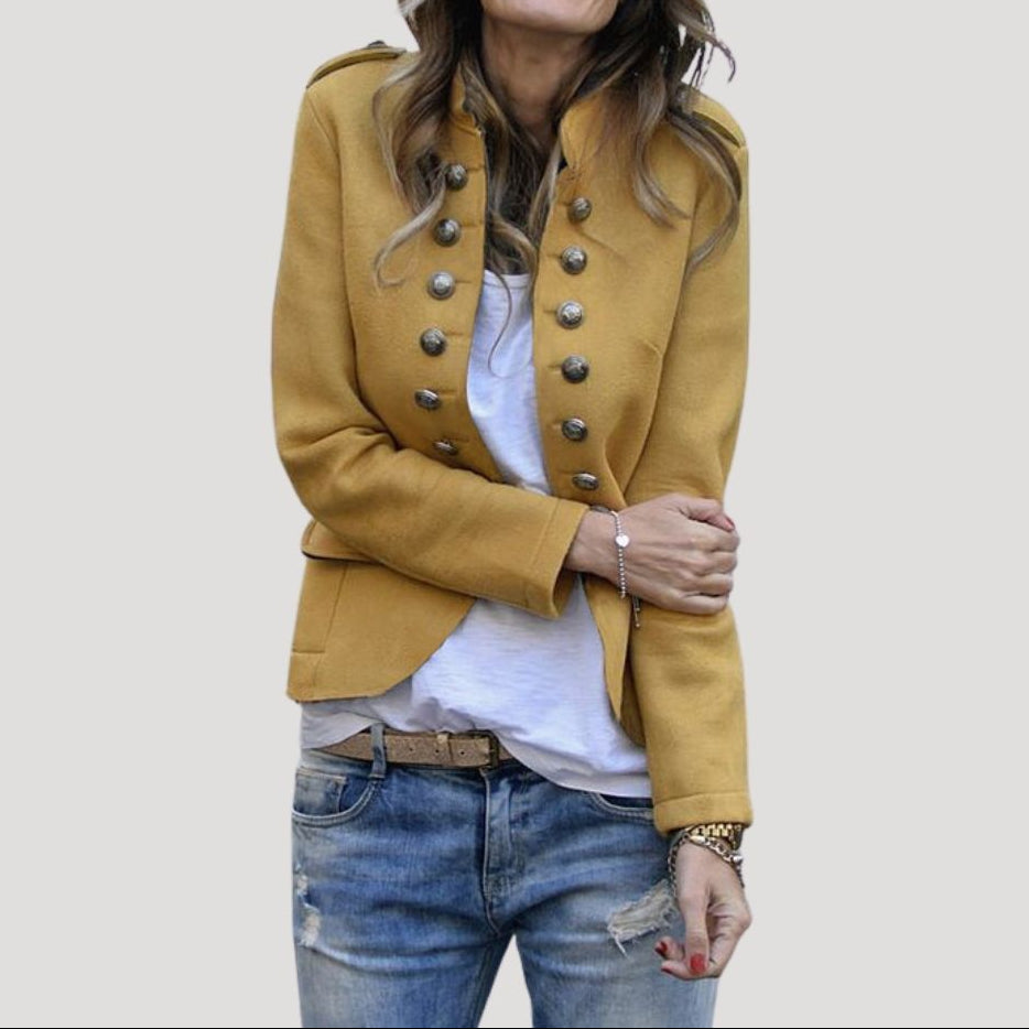 Dámská krátká vojenská bunda s dvouřadým zapínáním na knoflíky – strukturovaná bunda na podzim i pro elegantní styl smart casual