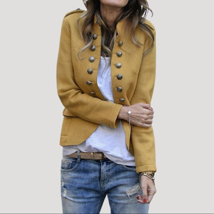 Dámská krátká vojenská bunda s dvouřadým zapínáním na knoflíky – strukturovaná bunda na podzim i pro elegantní styl smart casual