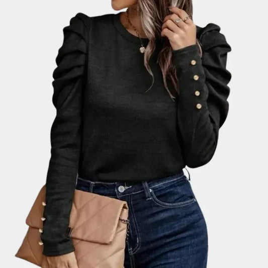 Pulover tricotat de damă cu croială slim fit, decolteu rotund, mâneci bufante și detalii încrețite la umeri – bluză elegantă tricotată pentru purtare zilnică, la serviciu și ținute smart casual