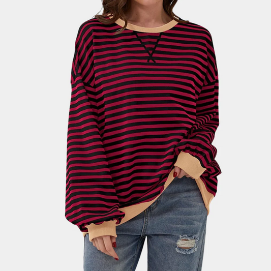 Hanorac oversized cu dungi pentru femei, cu guler rotund, mâneci lungi și manșete contrastante cu nervuri – Pulover lejer pentru purtare zilnică, timp liber și ținute casual