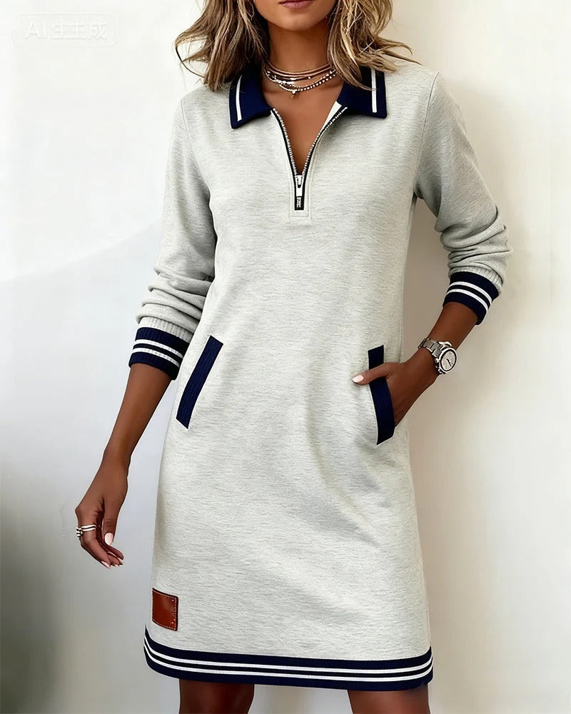 Vestido recto informal para mujer con mangas largas, cuello con cremallera y bolsillos - vestido tipo polo deportivo para primavera, verano y uso diario