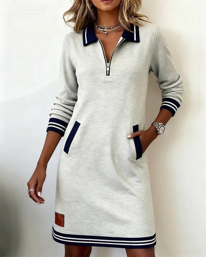 Vestido recto informal para mujer con mangas largas, cuello con cremallera y bolsillos - vestido tipo polo deportivo para primavera, verano y uso diario