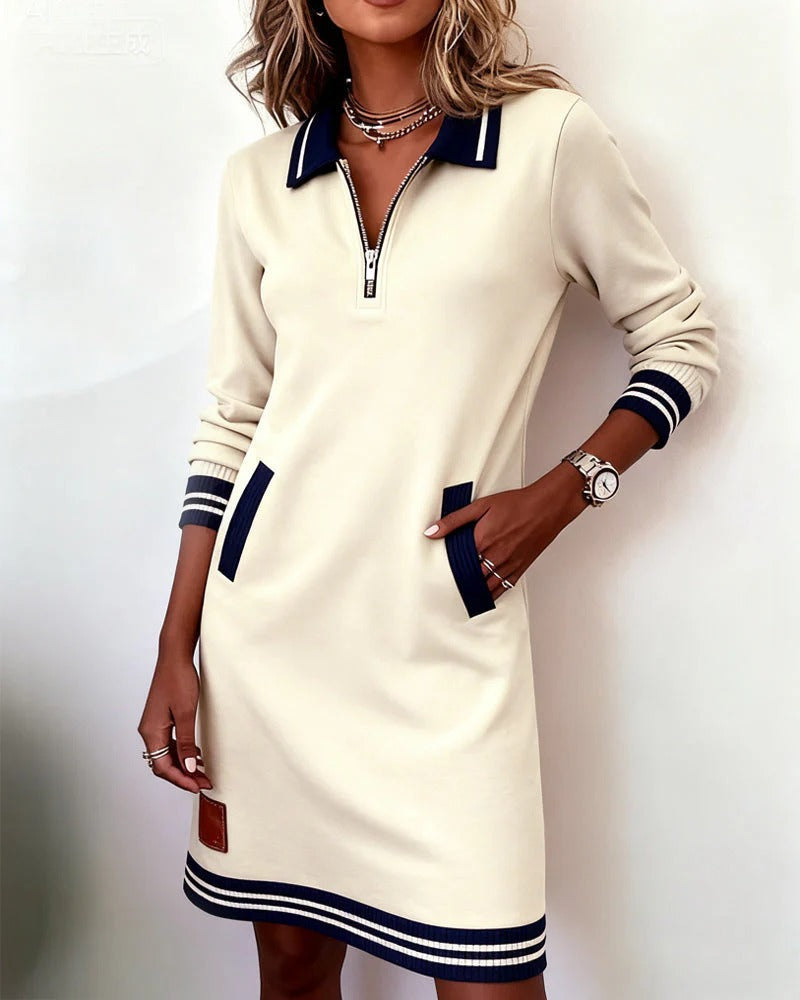 Vestido recto informal para mujer con mangas largas, cuello con cremallera y bolsillos - vestido tipo polo deportivo para primavera, verano y uso diario