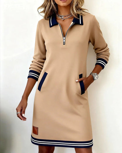 Vestido recto informal para mujer con mangas largas, cuello con cremallera y bolsillos - vestido tipo polo deportivo para primavera, verano y uso diario
