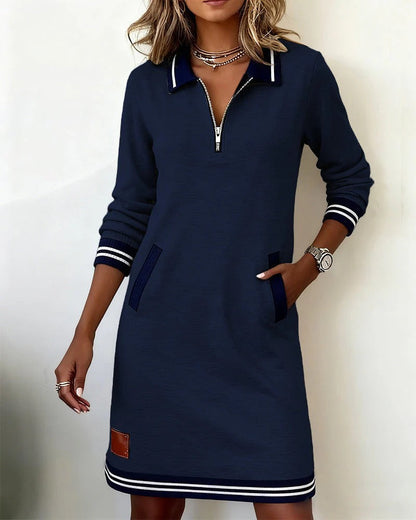 Vestido recto informal para mujer con mangas largas, cuello con cremallera y bolsillos - vestido tipo polo deportivo para primavera, verano y uso diario