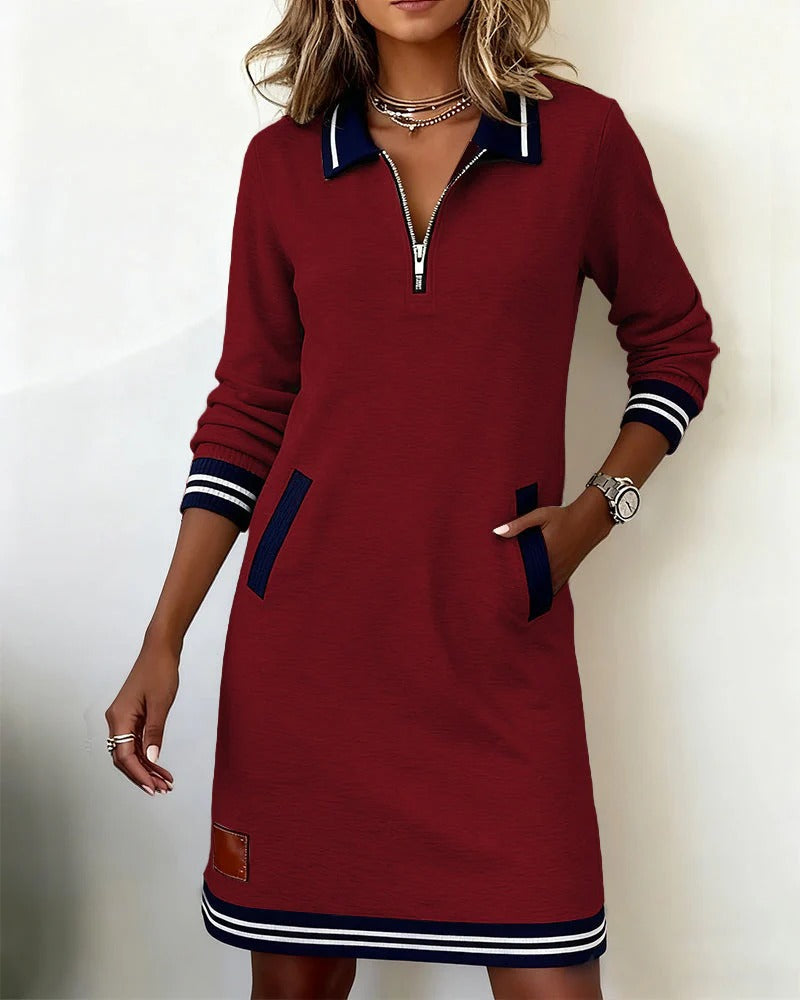 Vestido recto informal para mujer con mangas largas, cuello con cremallera y bolsillos - vestido tipo polo deportivo para primavera, verano y uso diario
