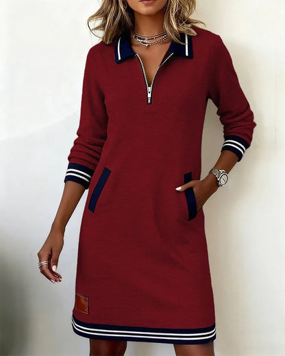 Vestido recto informal para mujer con mangas largas, cuello con cremallera y bolsillos - vestido tipo polo deportivo para primavera, verano y uso diario